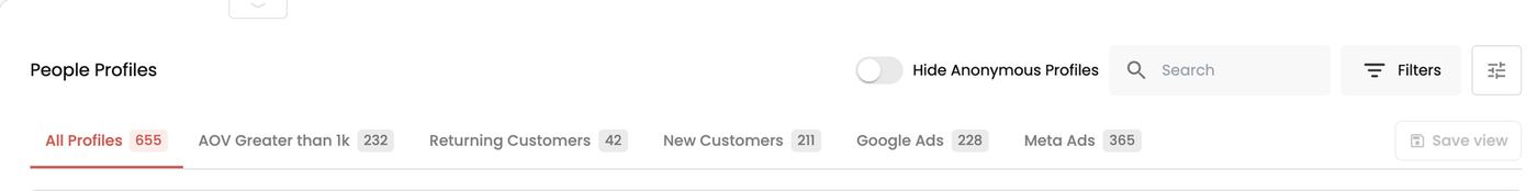 Saved views as tabs, each with a profile count