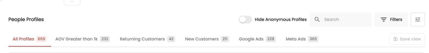 Saved views as tabs, each with a profile count