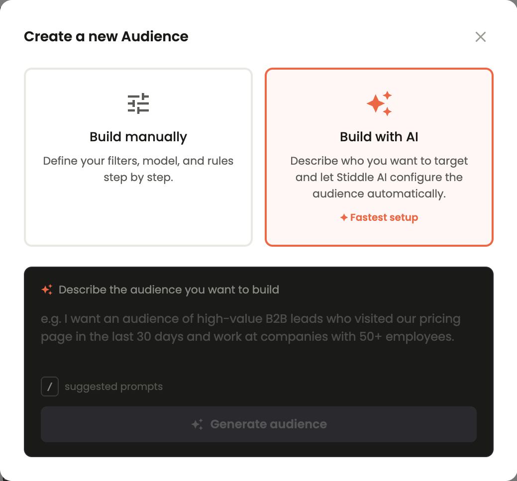 Create a new Audience — Build manually or Build with AI