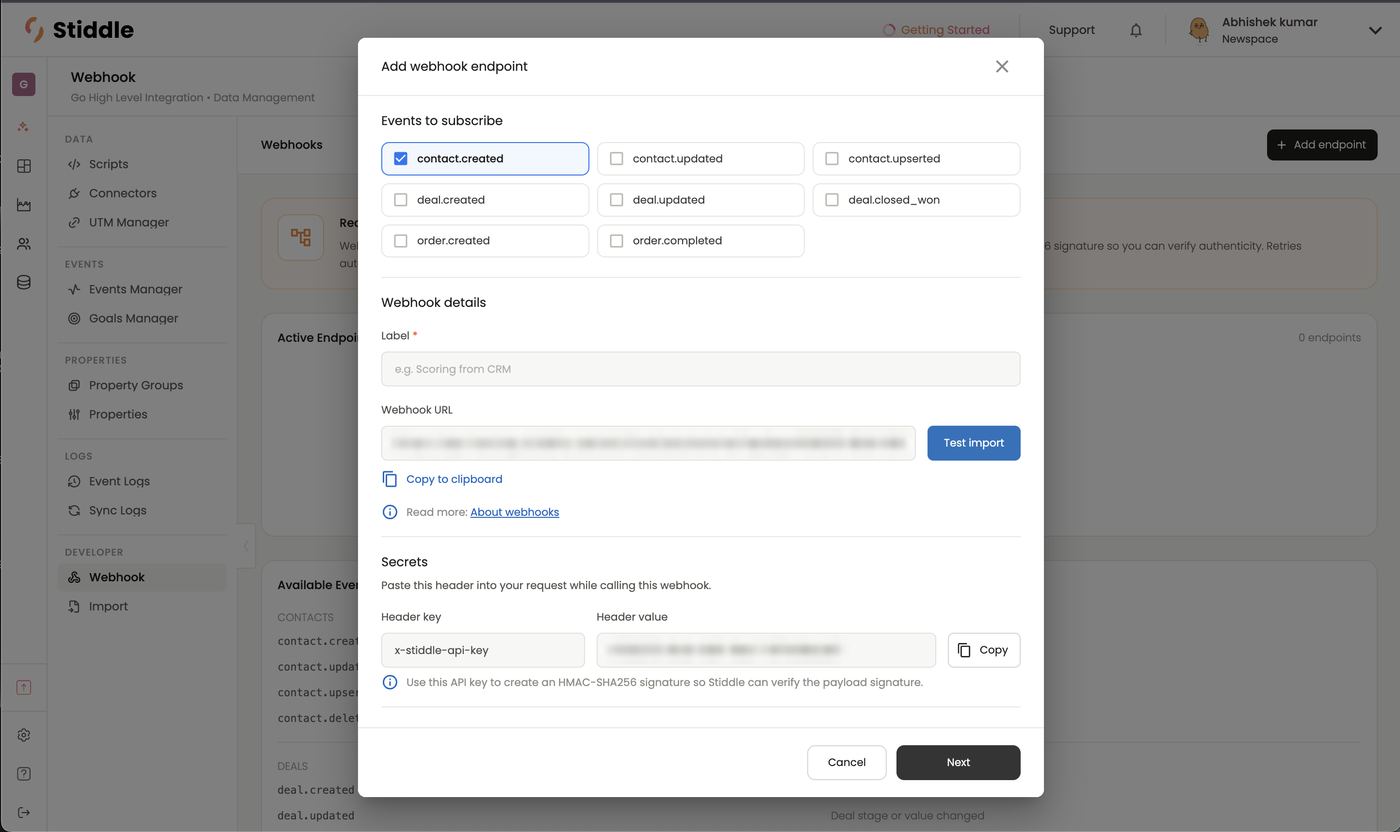 Add webhook endpoint (URL and key blurred)