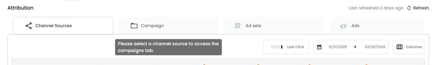 Campaign tab locked until a channel source is selected