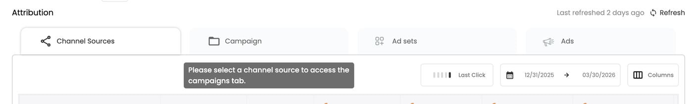 Campaign tab locked until a channel source is selected