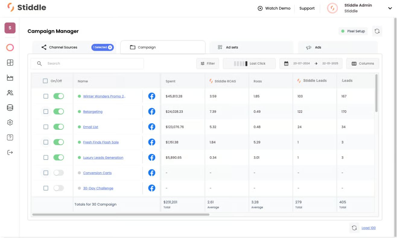 Campaign tab — every campaign with spend, ROAS and leads