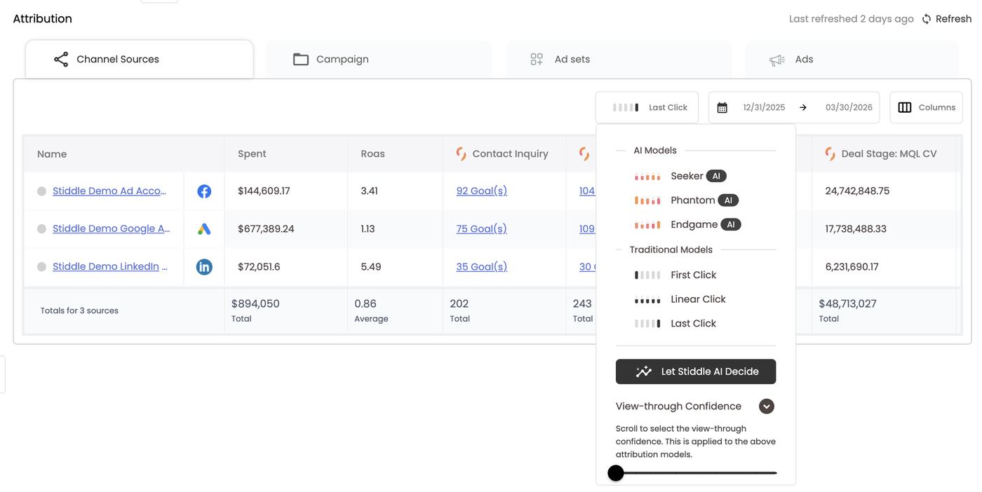 Model menu — Seeker, Phantom, Endgame, traditional models and Let Stiddle AI Decide