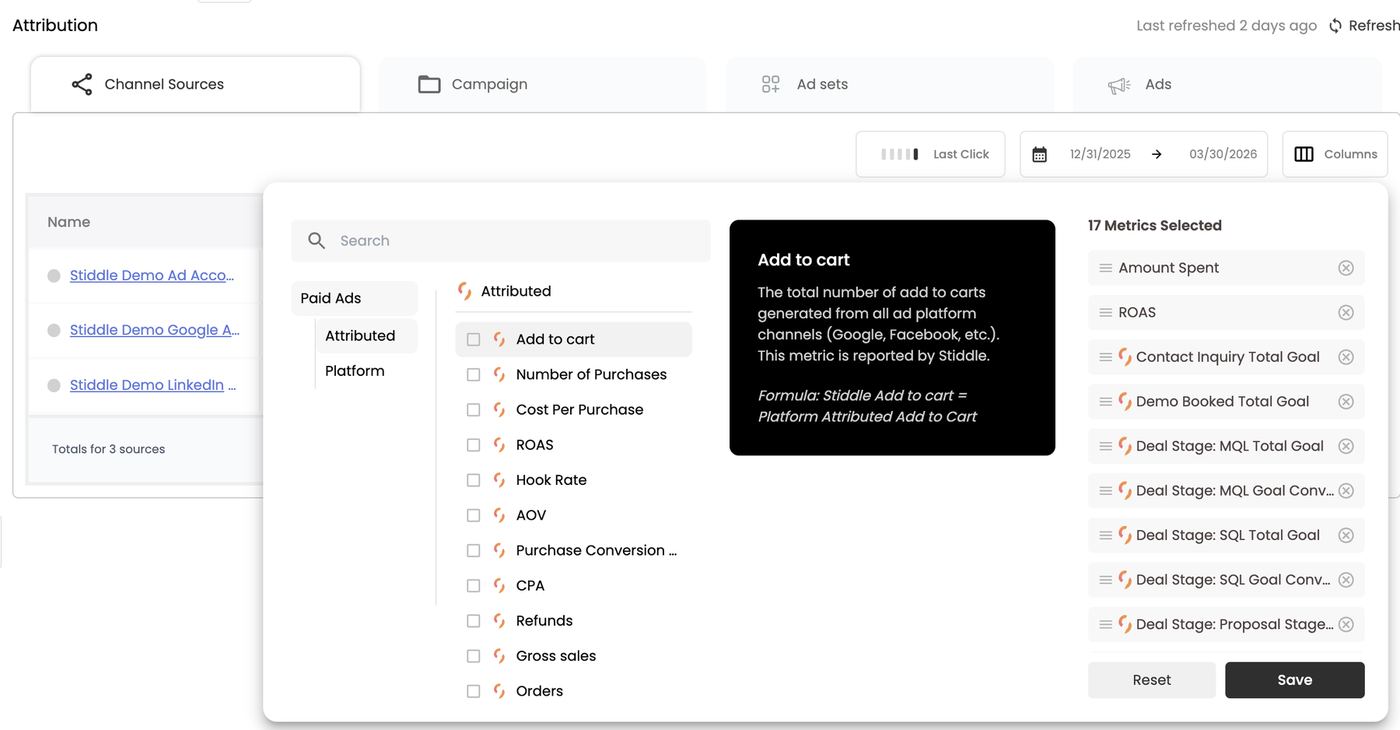 Column selector on Channel Sources — Attributed metrics and Metrics Selected