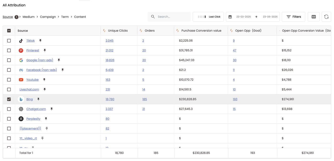 Bing selected — orders, purchase value and Open Opp