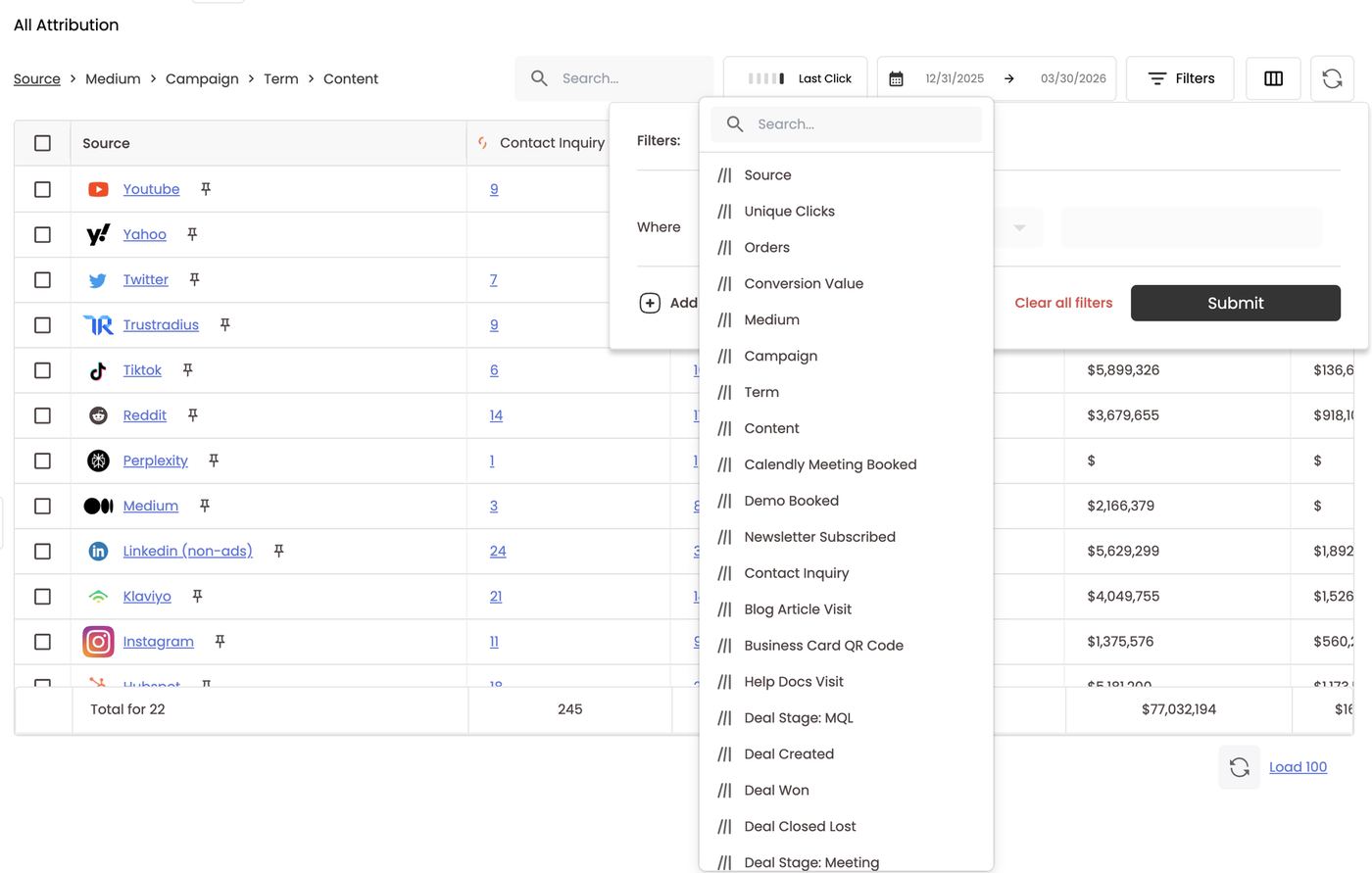 Filters — field list