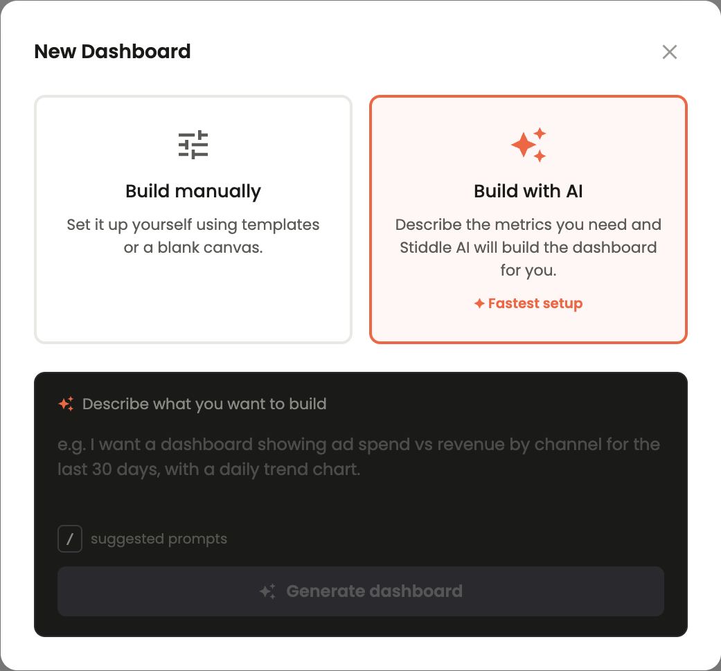 New Dashboard — Build manually or Build with AI
