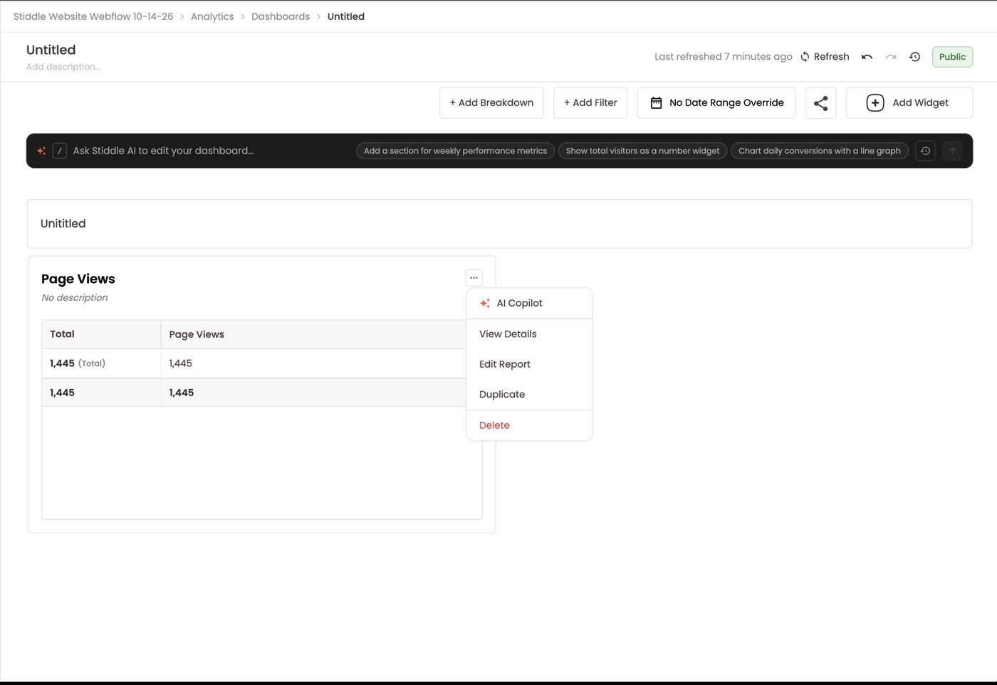 Widget menu — AI Copilot, View Details, Edit Report, Duplicate, Delete