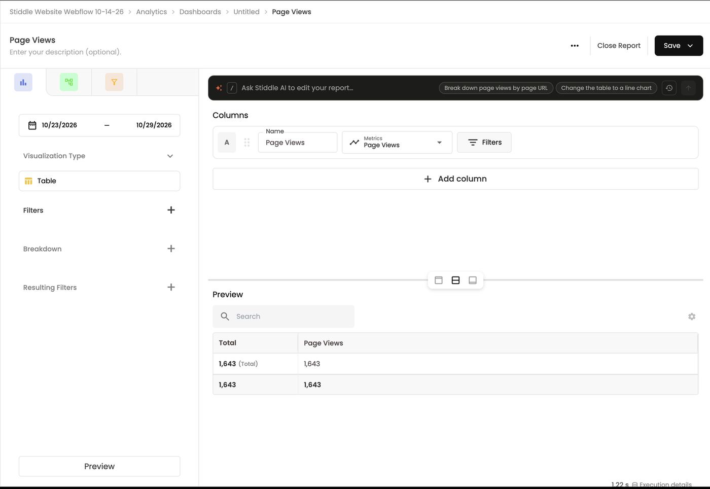 Editing a widget in the report builder — Close Report returns to the board