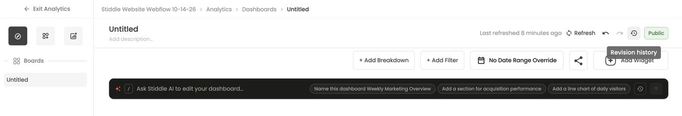 Dashboard header — refresh, undo, redo and revision history