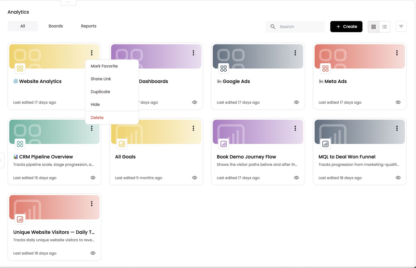 Card menu — Mark Favorite, Share Link, Duplicate, Hide, Delete