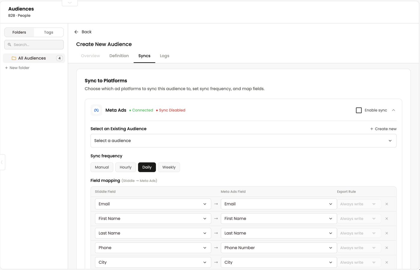 Syncs tab — destination, frequency and field mapping