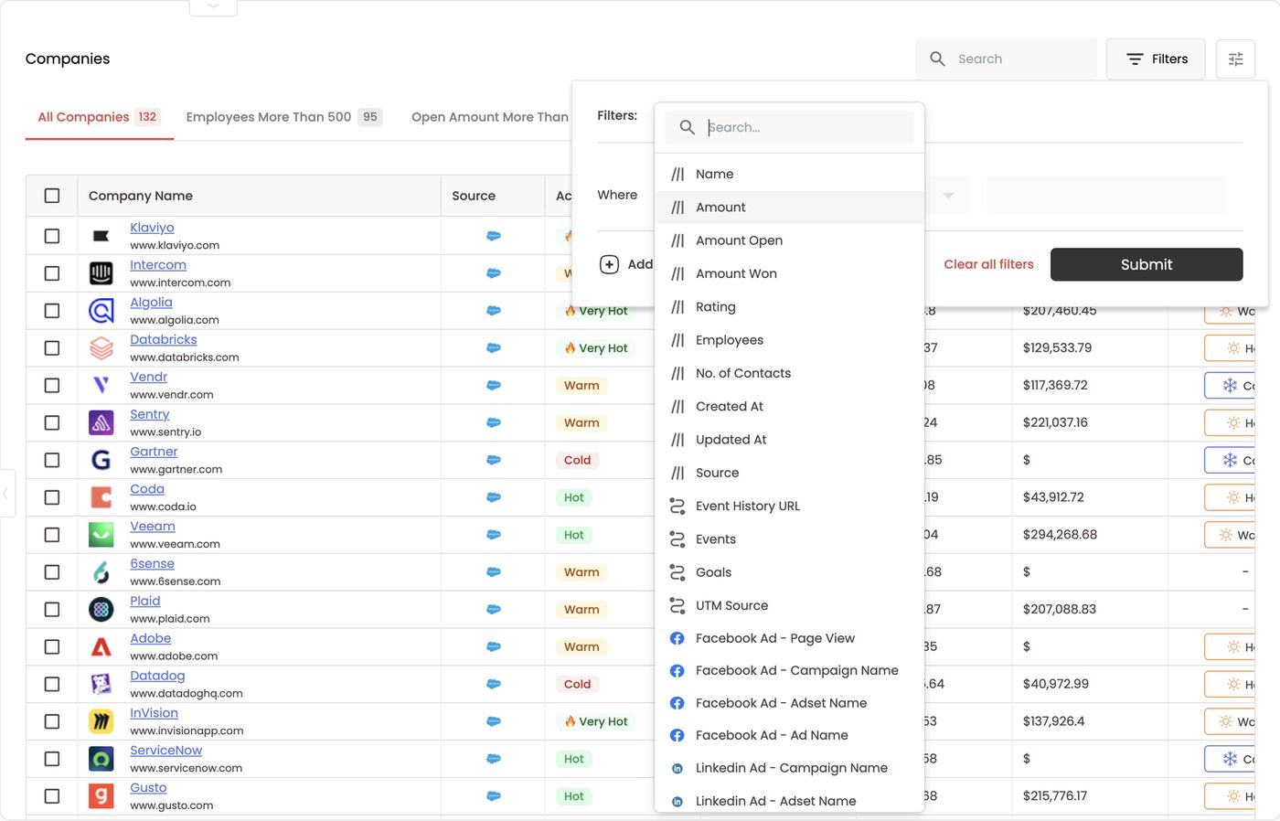 Company filters — company fields plus events, goals, UTMs and ad touches