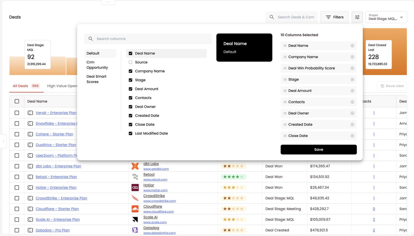 Deals column picker — Default, CRM Opportunity and Deal Smart Scores