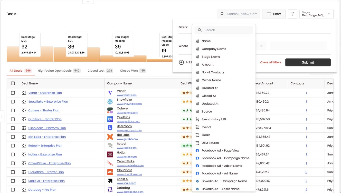 Deal filters — deal fields plus events, goals, UTMs and ad touches