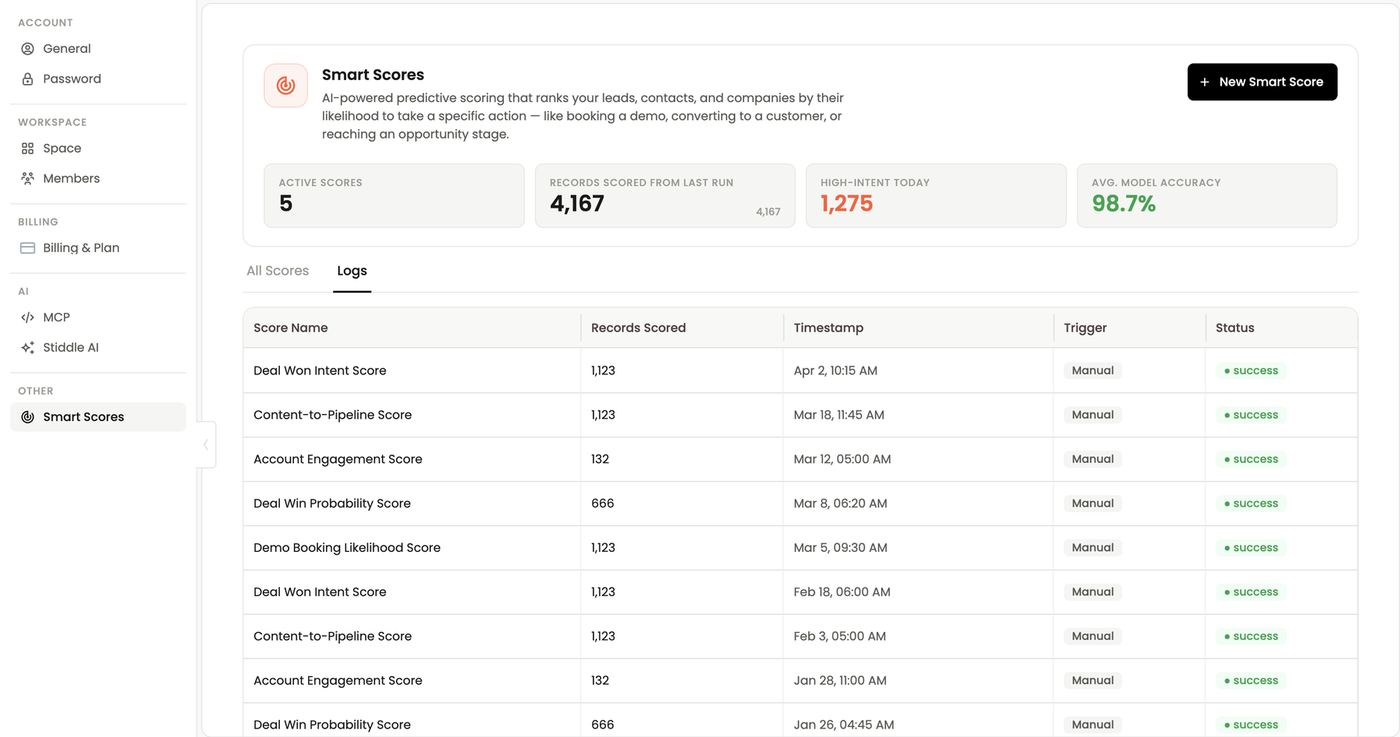 Logs — scoring runs with records scored, trigger and status