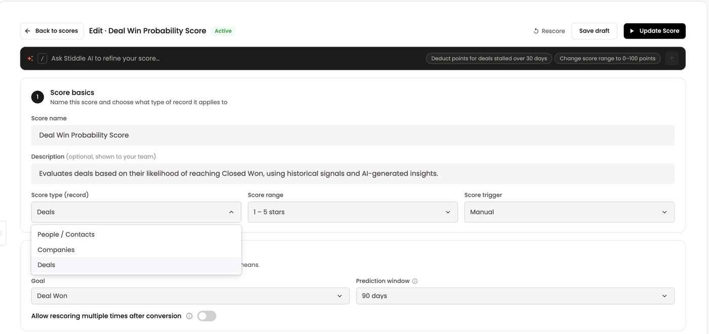 Score type — People / Contacts, Companies or Deals