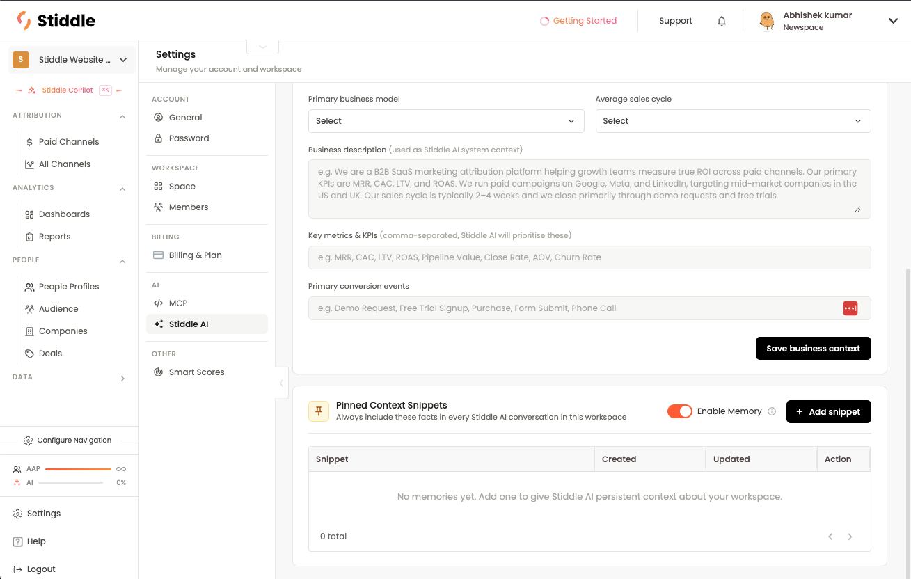Pinned Context Snippets and Enable Memory