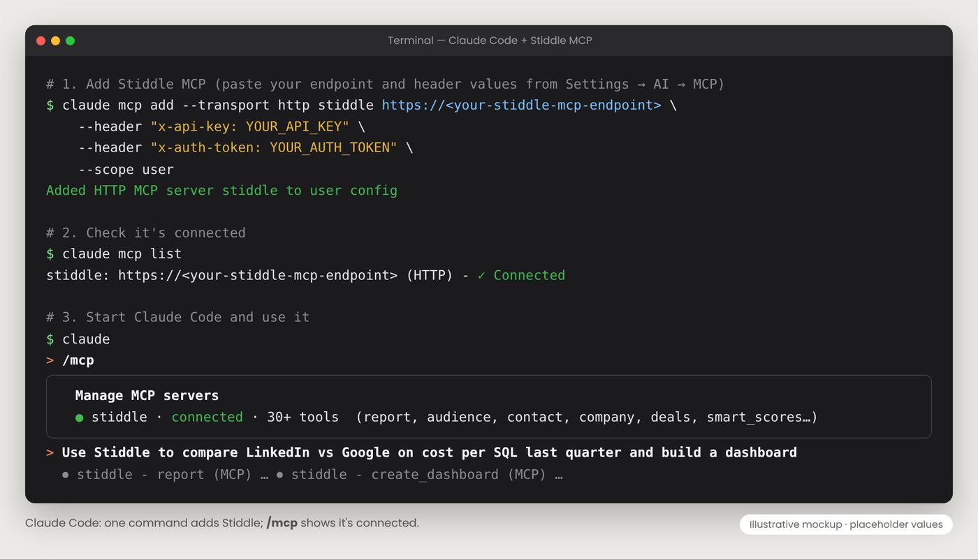 Claude Code — adding Stiddle MCP and checking it's connected