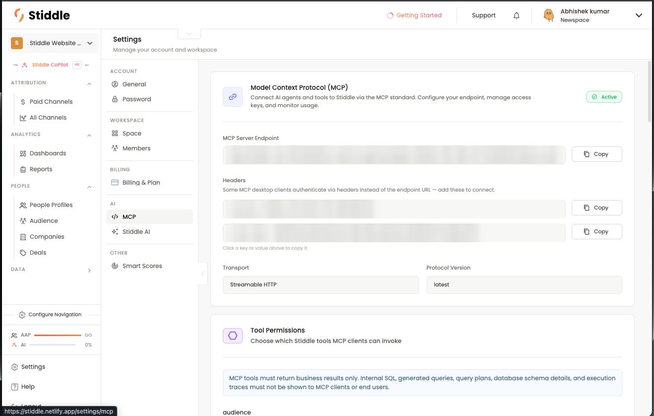 Settings → MCP — endpoint and headers (keys blurred)