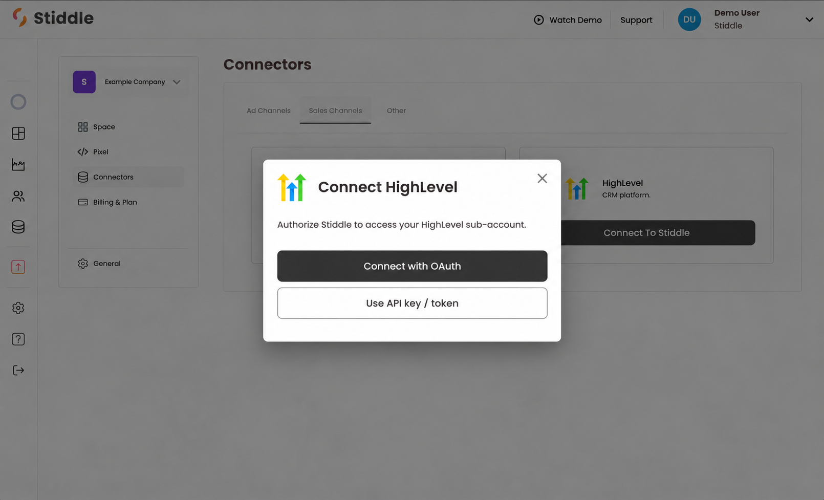HighLevel OAuth connection screen in Stiddle