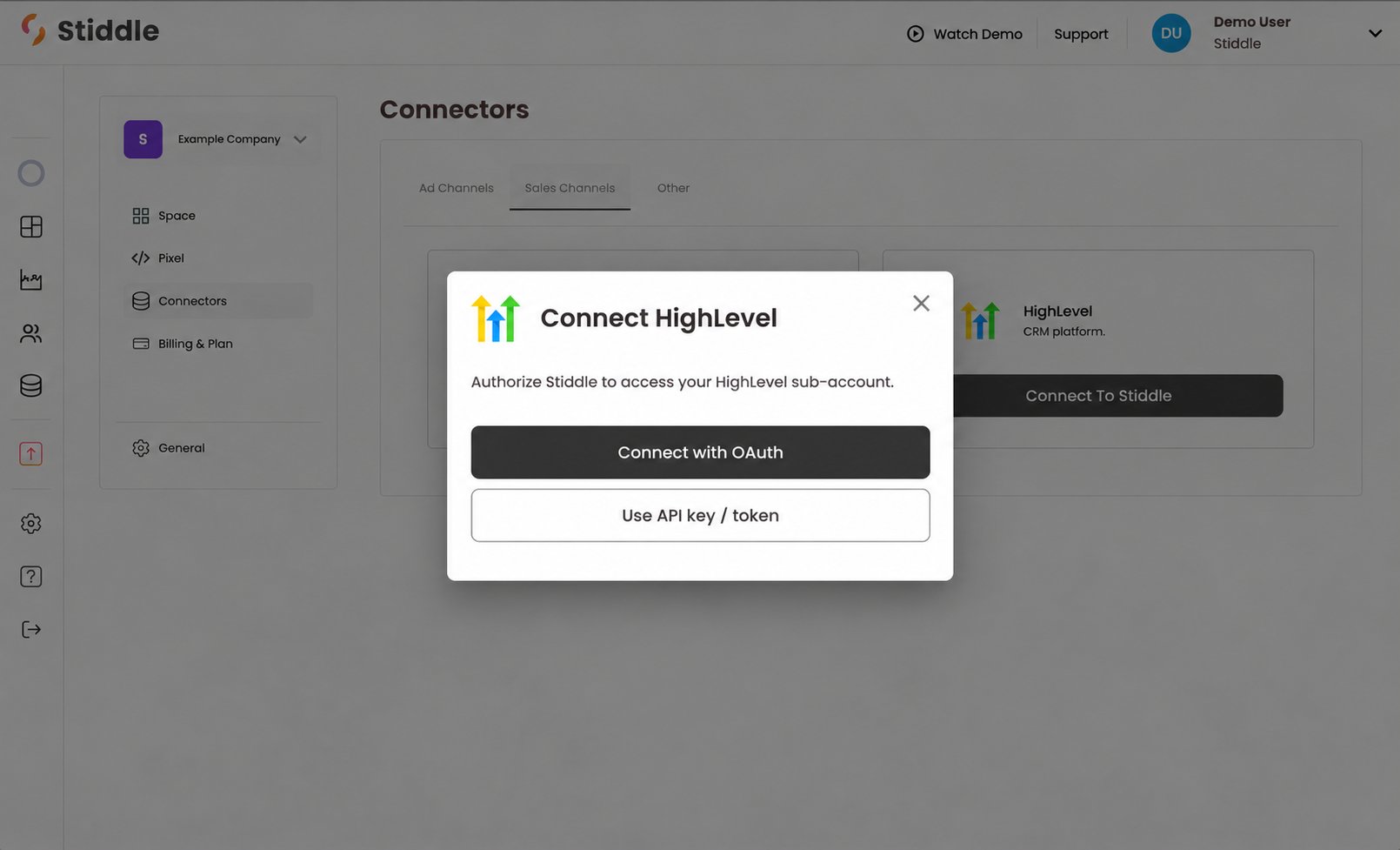 HighLevel OAuth connection screen in Stiddle