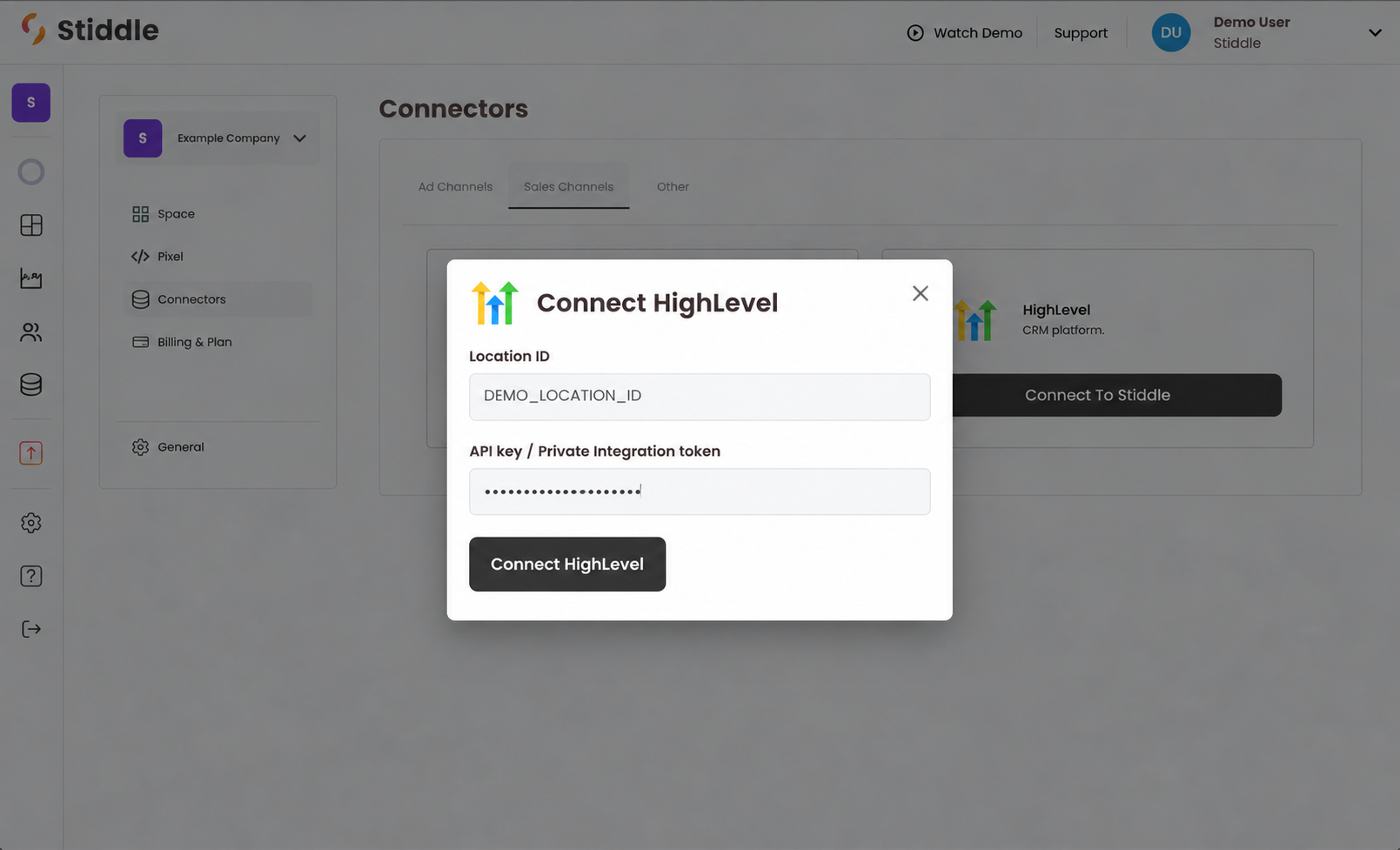 Private Integration token connection form in Stiddle