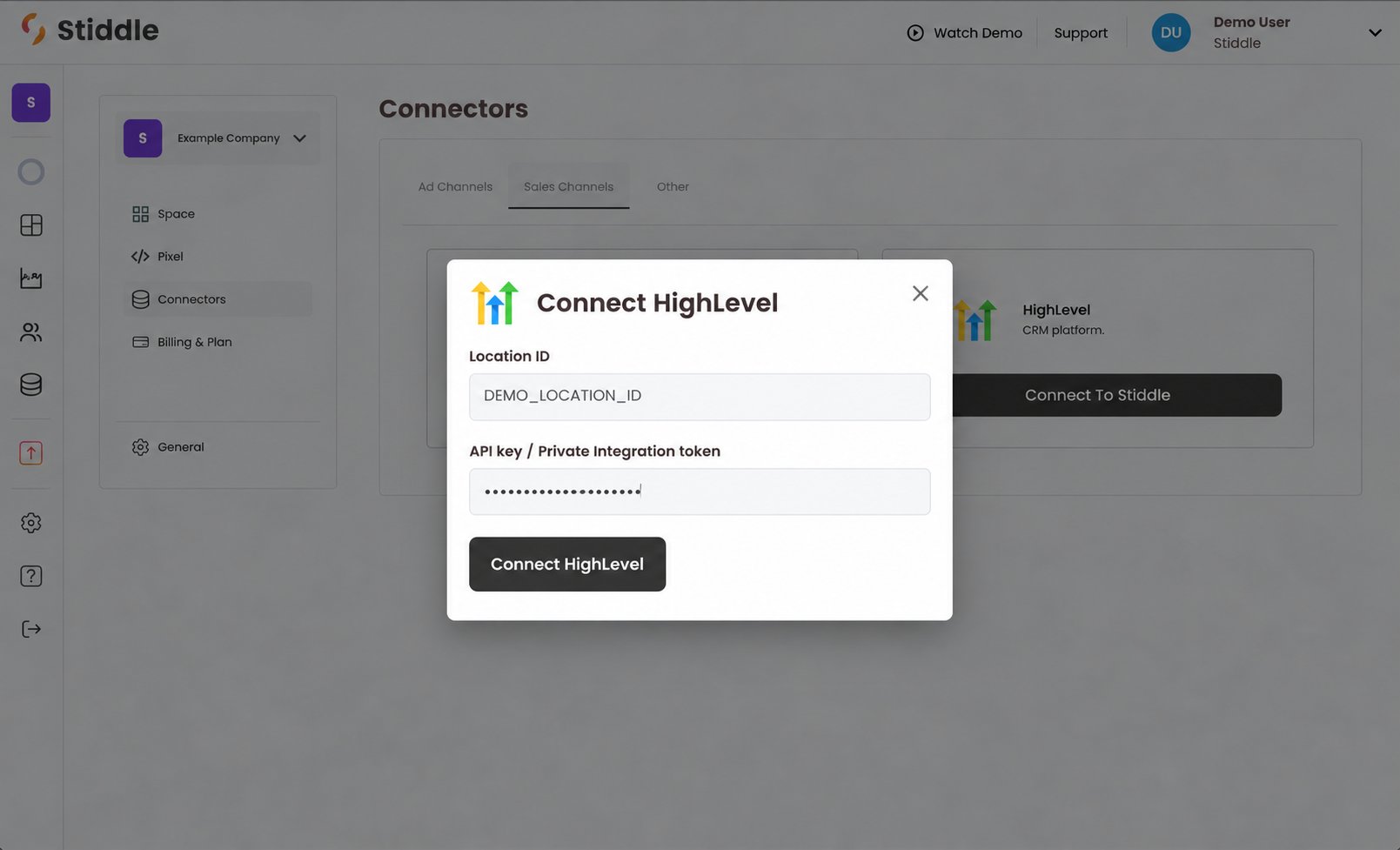 Private Integration token connection form in Stiddle