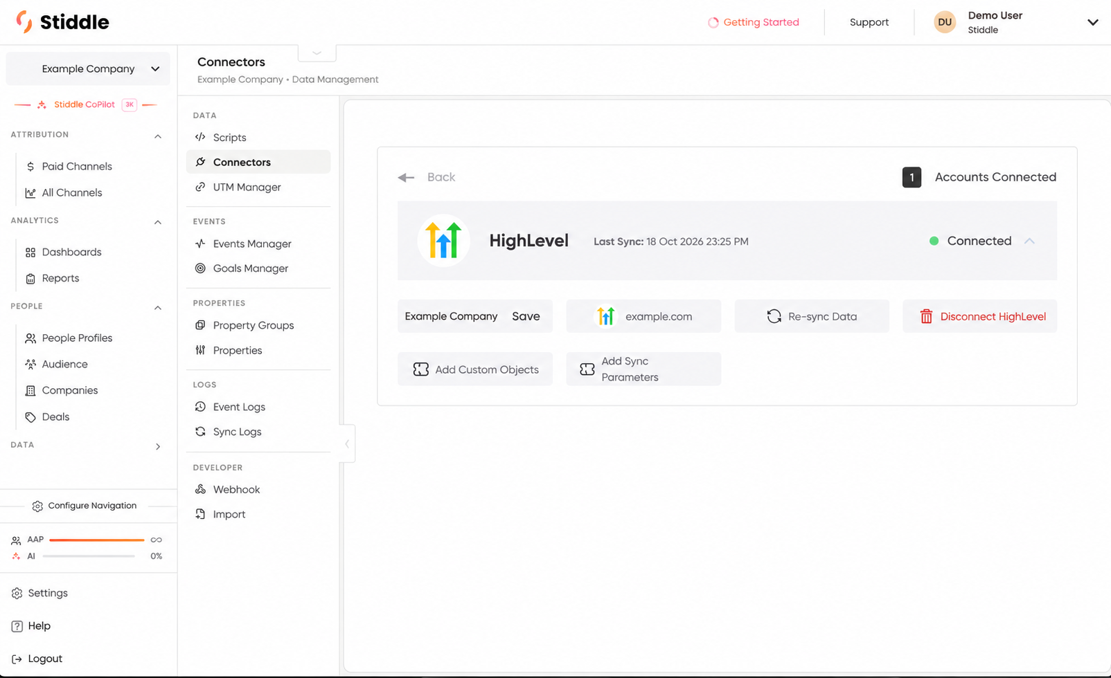 Connected HighLevel account with configuration controls
