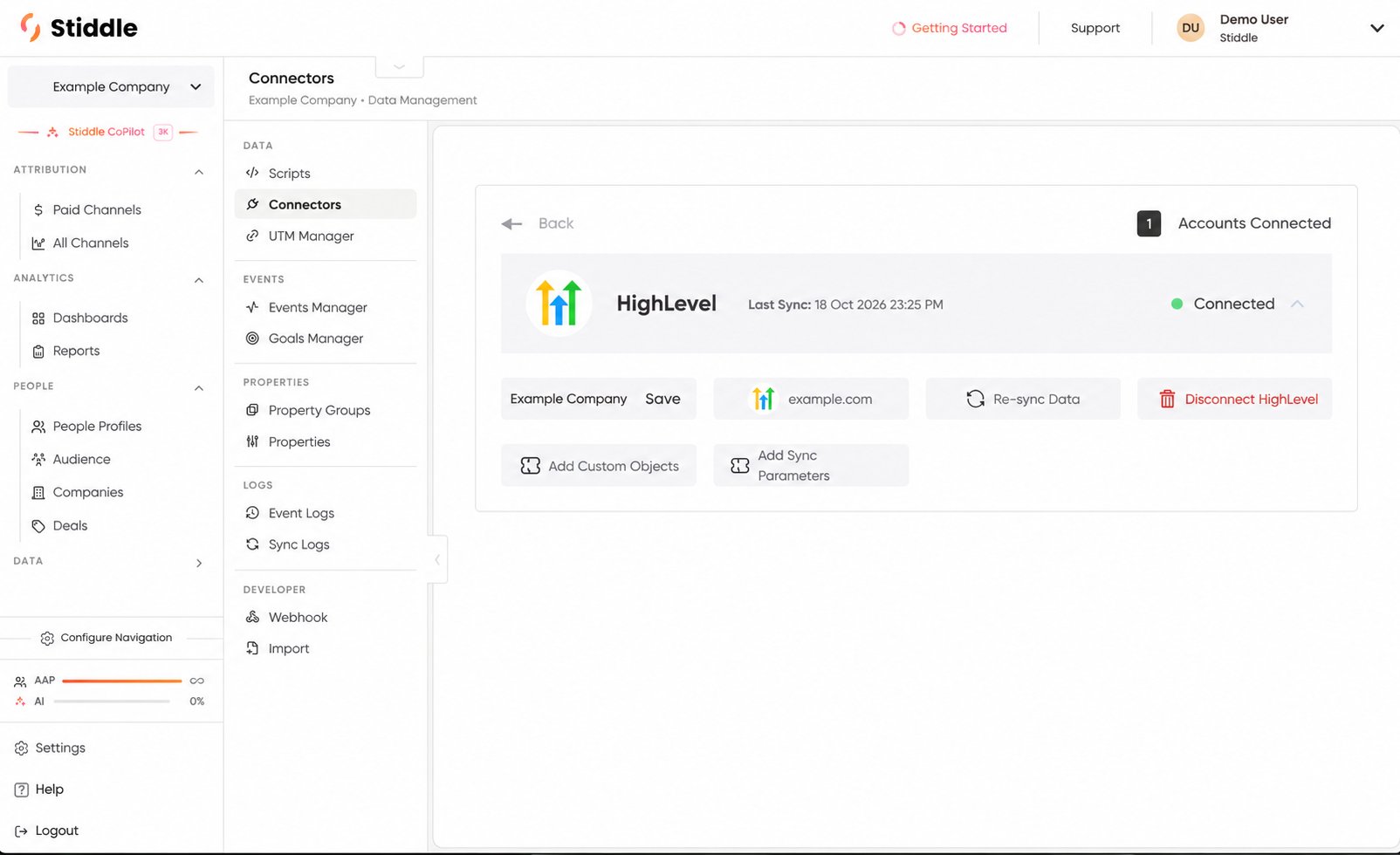 Connected HighLevel account with configuration controls