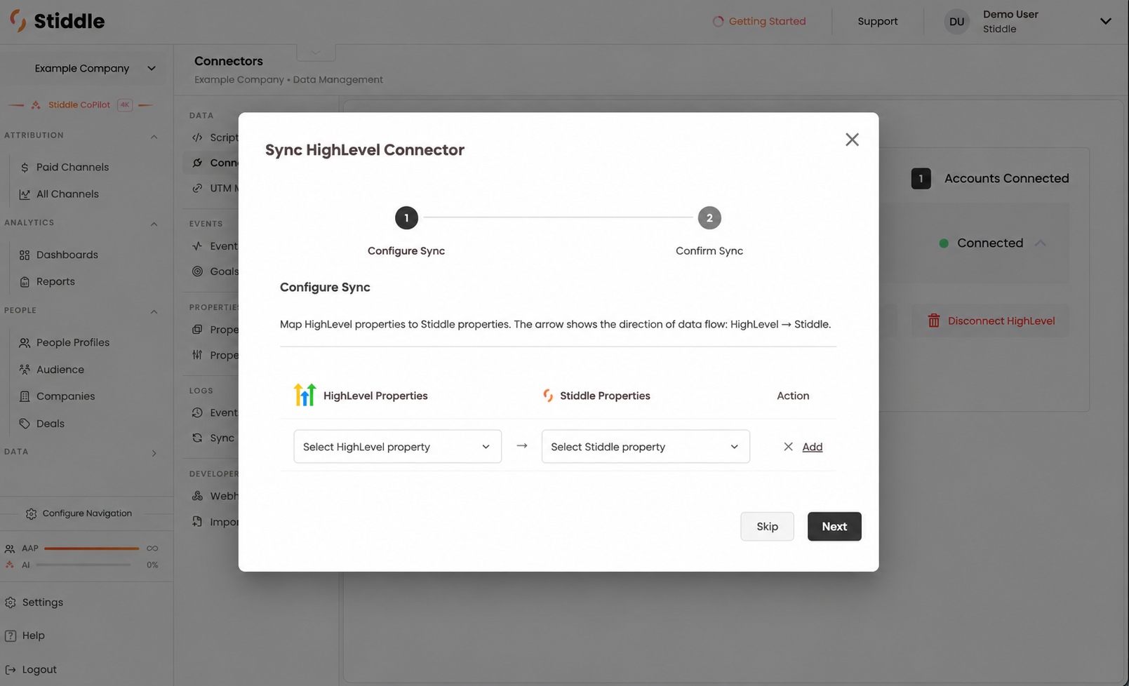 Configure Sync step showing HighLevel to Stiddle property mappings