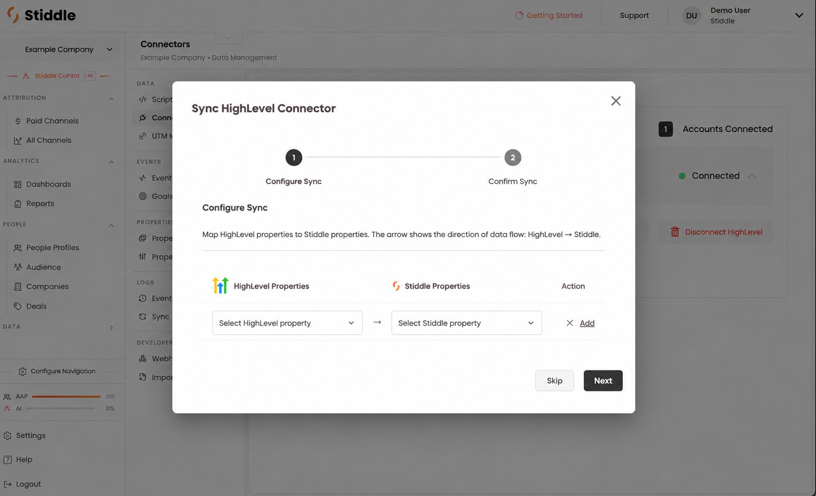 Configure Sync step showing HighLevel to Stiddle property mappings