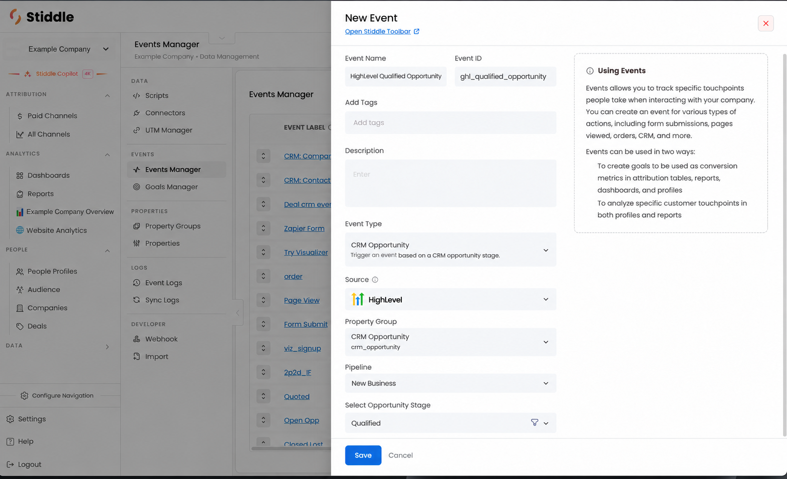 Selecting a HighLevel pipeline and stage for an event