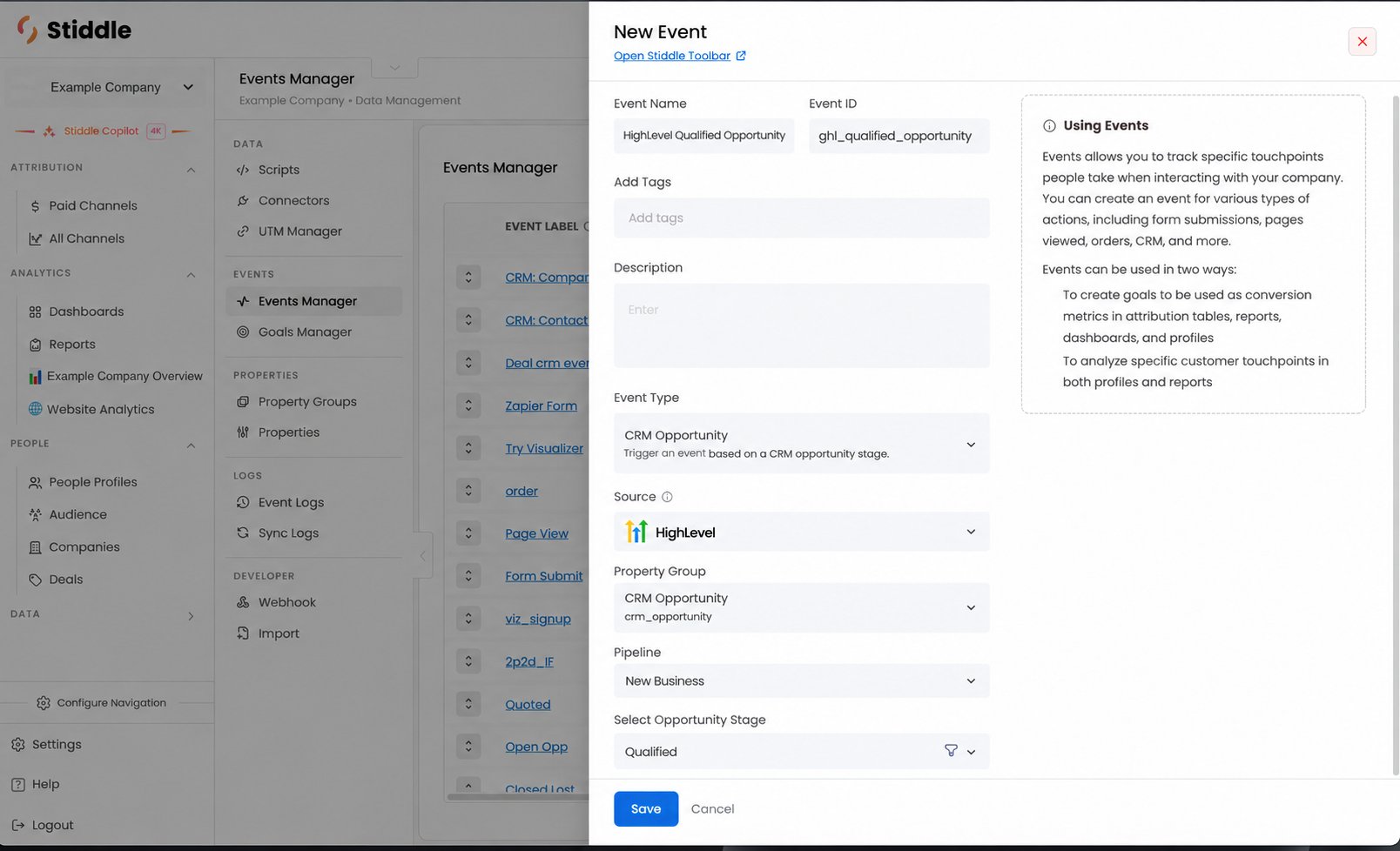 Selecting a HighLevel pipeline and stage for an event