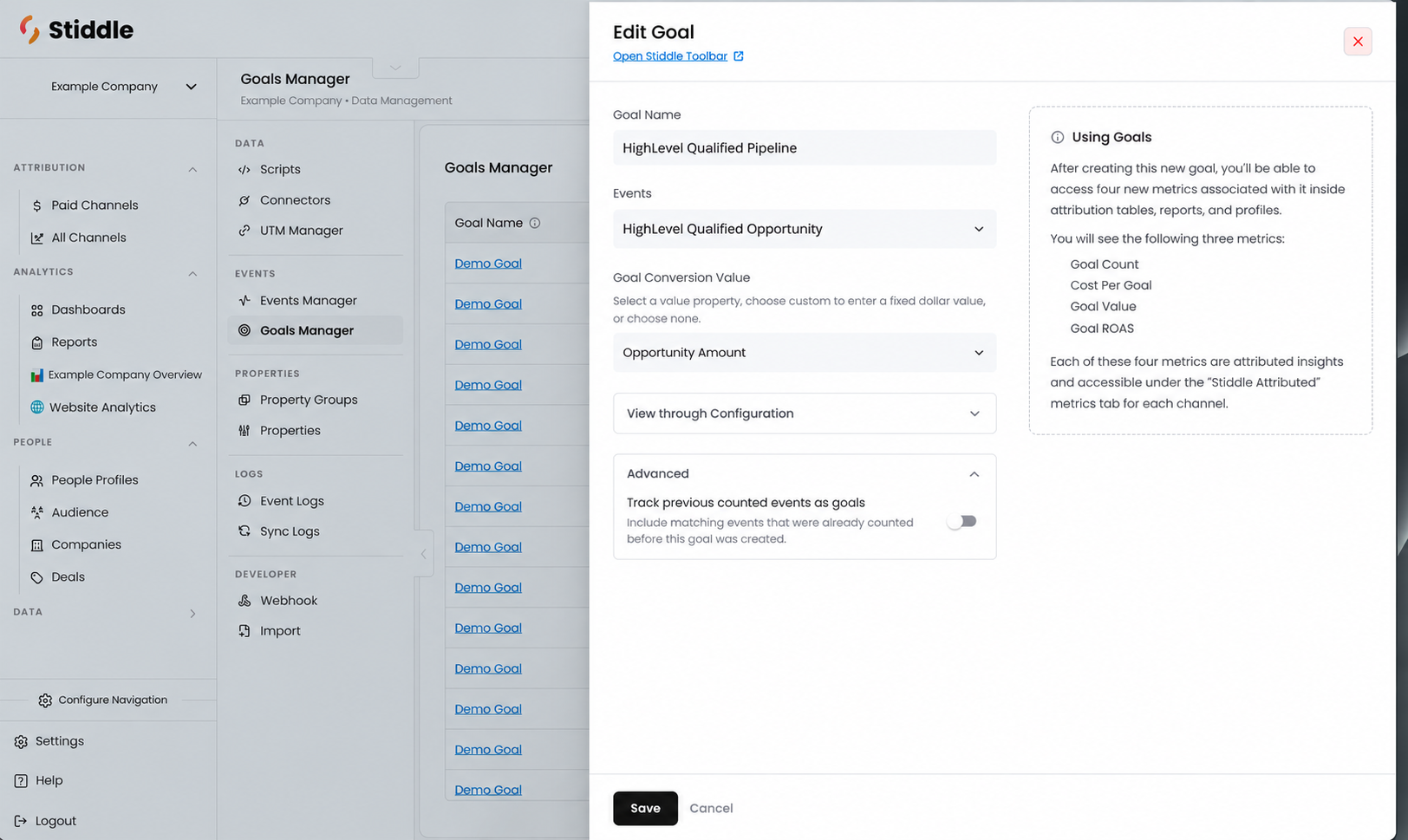 Goal configuration using a pipeline event and Opportunity Amount