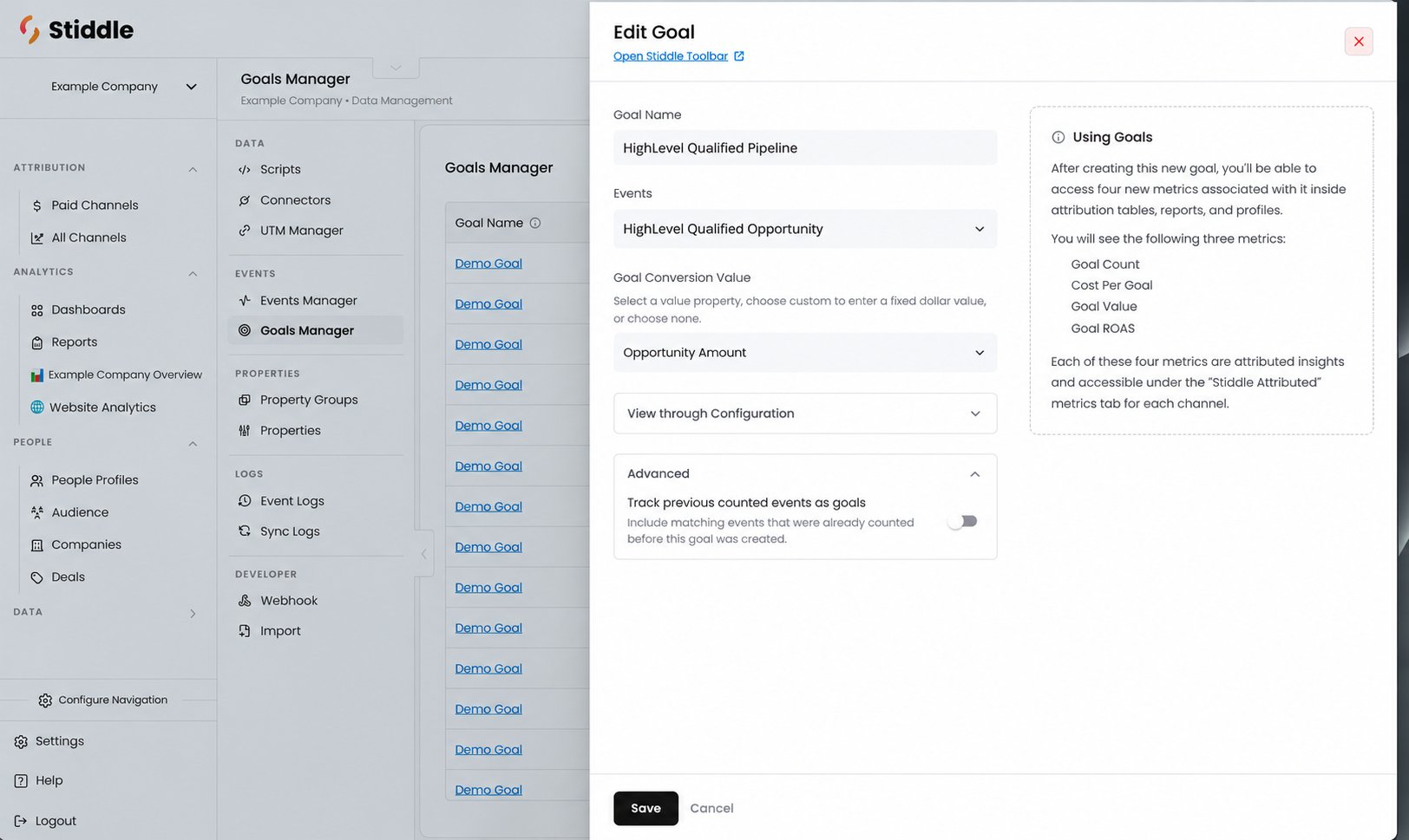 Goal configuration using a pipeline event and Opportunity Amount