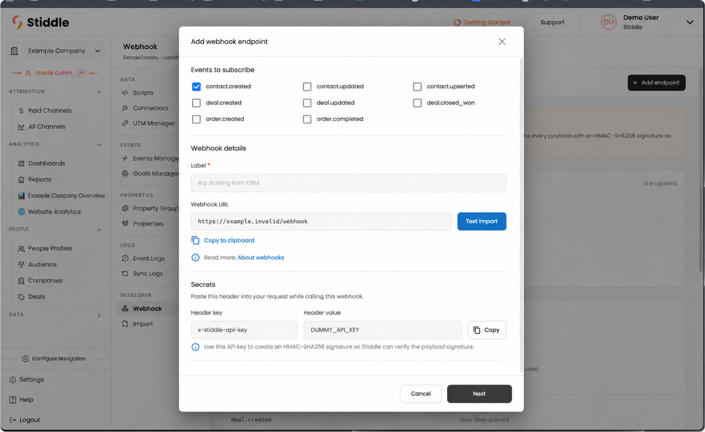 Configure a webhook endpoint with dummy URL and credentials