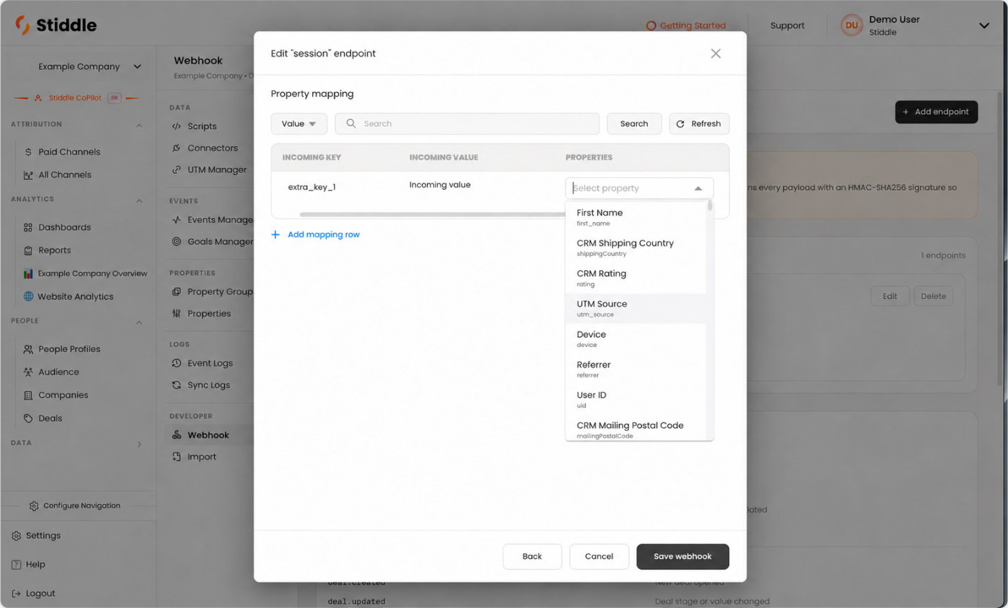 Map incoming webhook keys to Stiddle properties