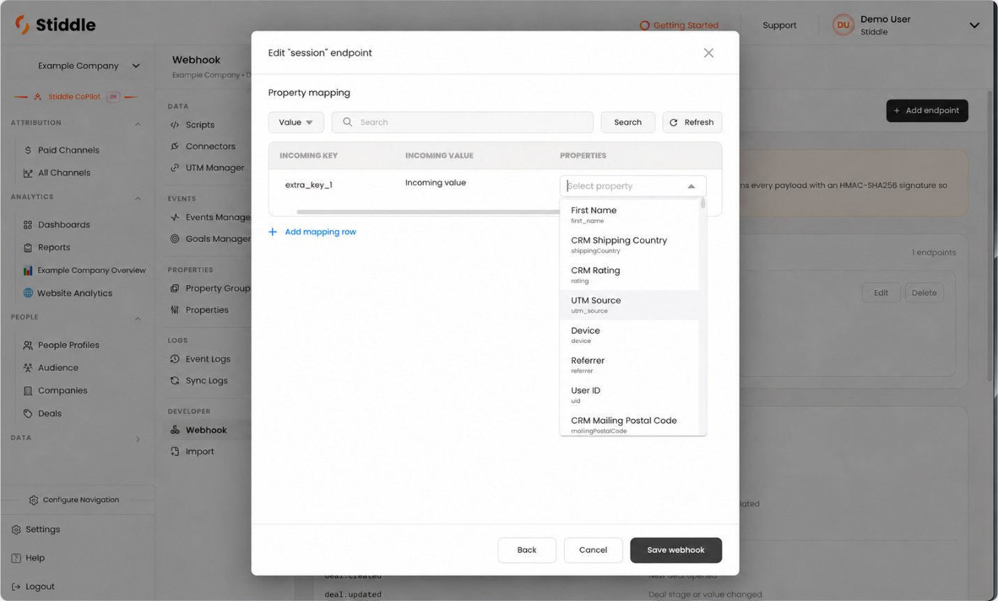 Map incoming webhook keys to Stiddle properties