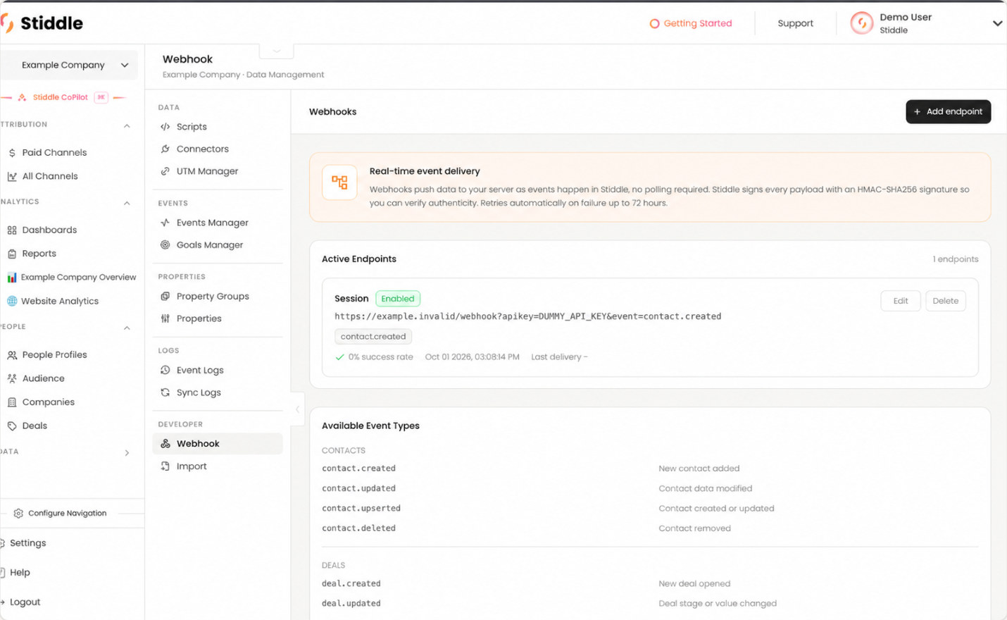 Review an enabled webhook endpoint with a dummy URL
