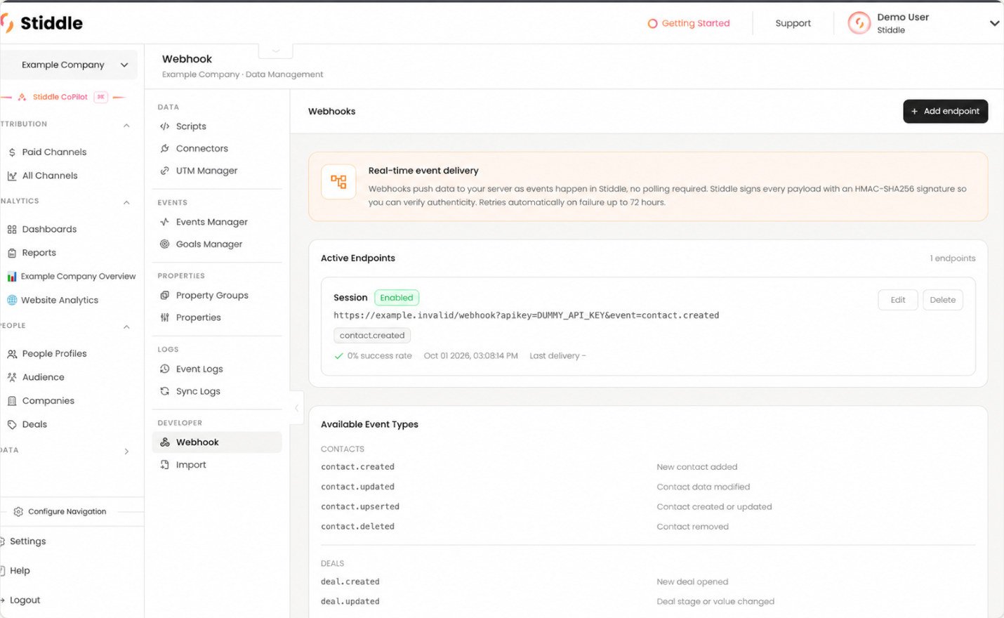 Review an enabled webhook endpoint with a dummy URL