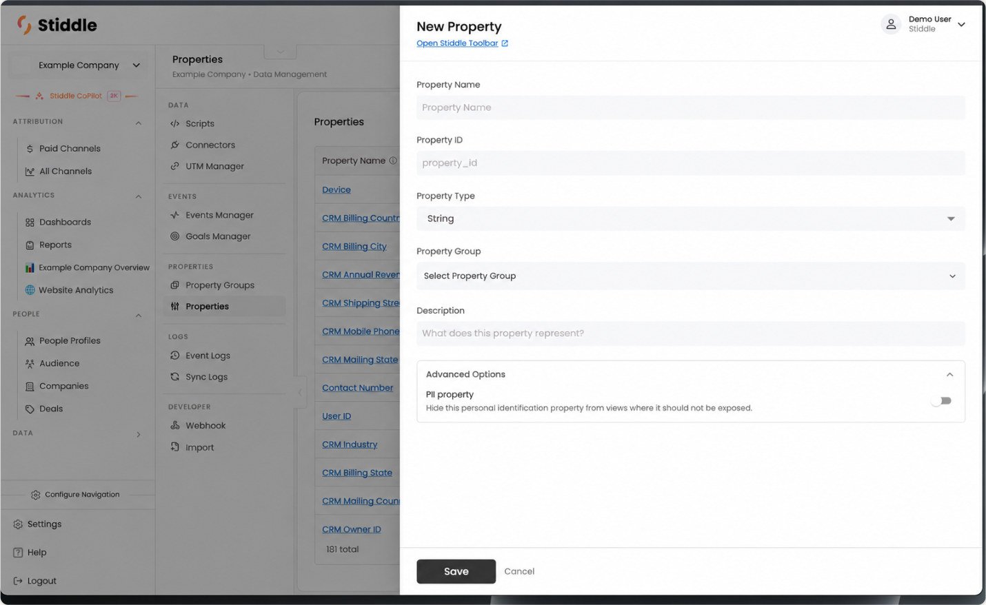 Review the PII property setting under Advanced Options