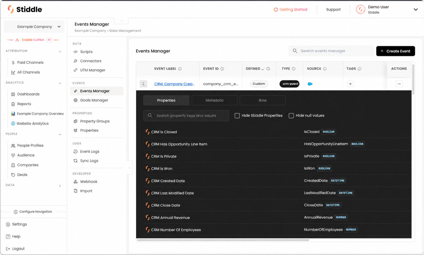 Inspect CRM event properties in Events Manager
