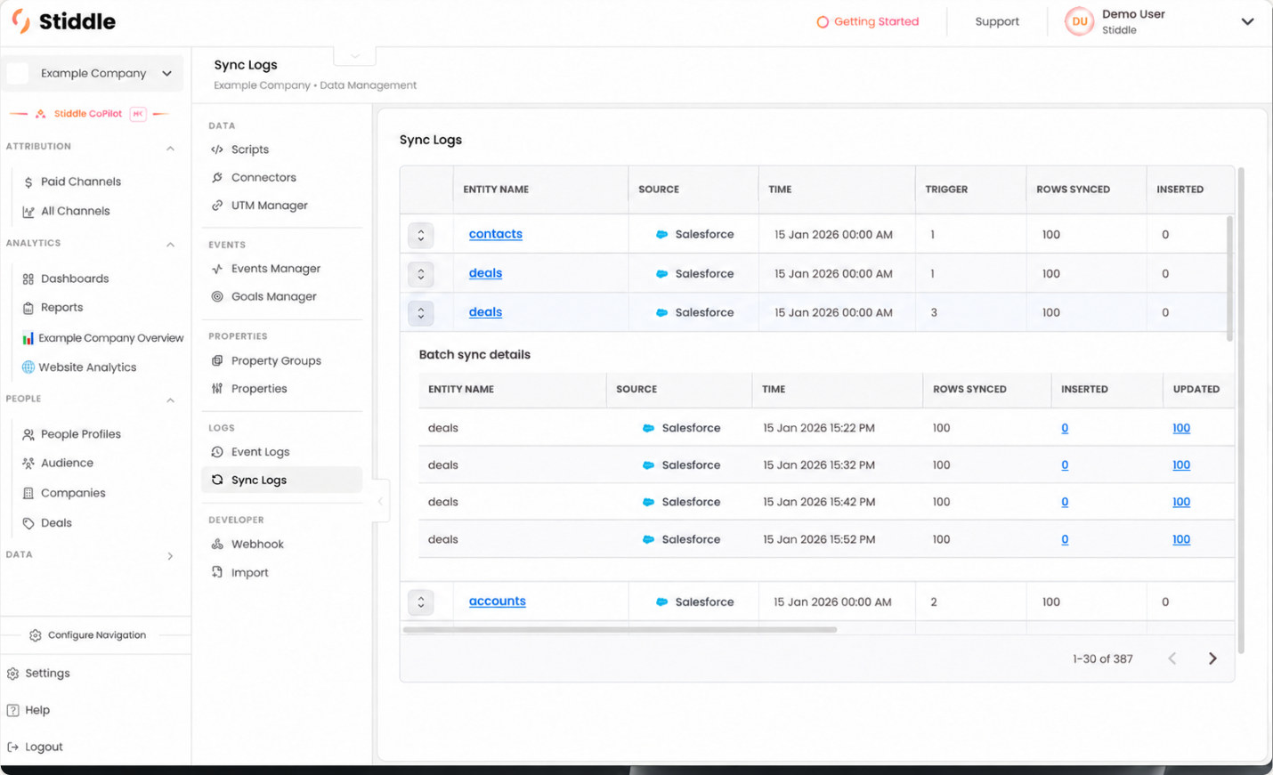 Expand a Salesforce sync log to inspect batch details with dummy counts