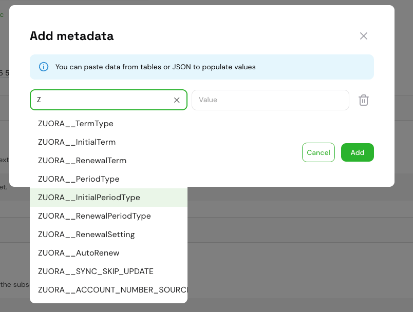 ZUORA__ key dropdown in the Add metadata dialog