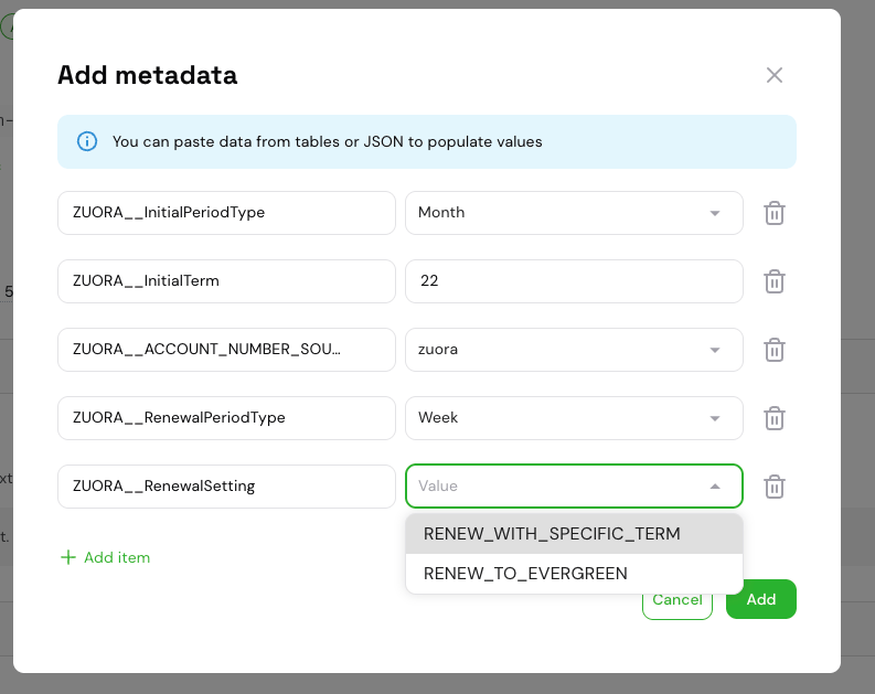 Value dropdown for ZUORA__RenewalSetting showing RENEW_WITH_SPECIFIC_TERM and RENEW_TO_EVERGREEN options