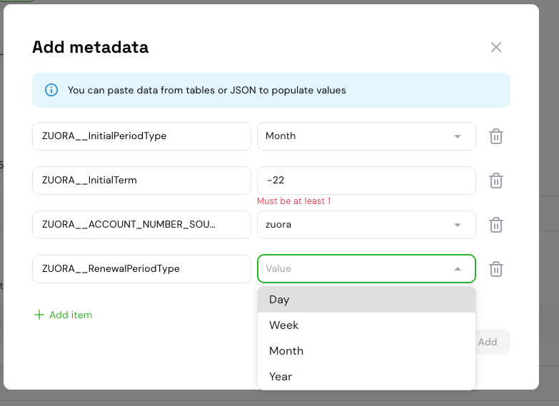 Value dropdown for ZUORA__RenewalPeriodType showing Day, Week, Month, Year options