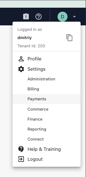 Zuora account menu with Payments option highlighted