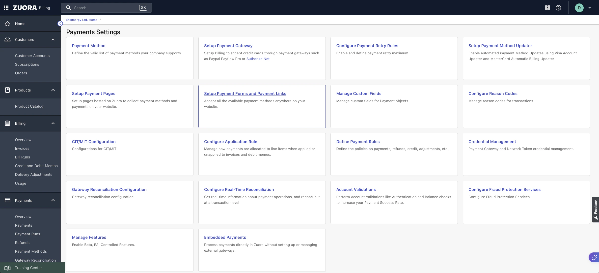 Zuora Payments Settings page